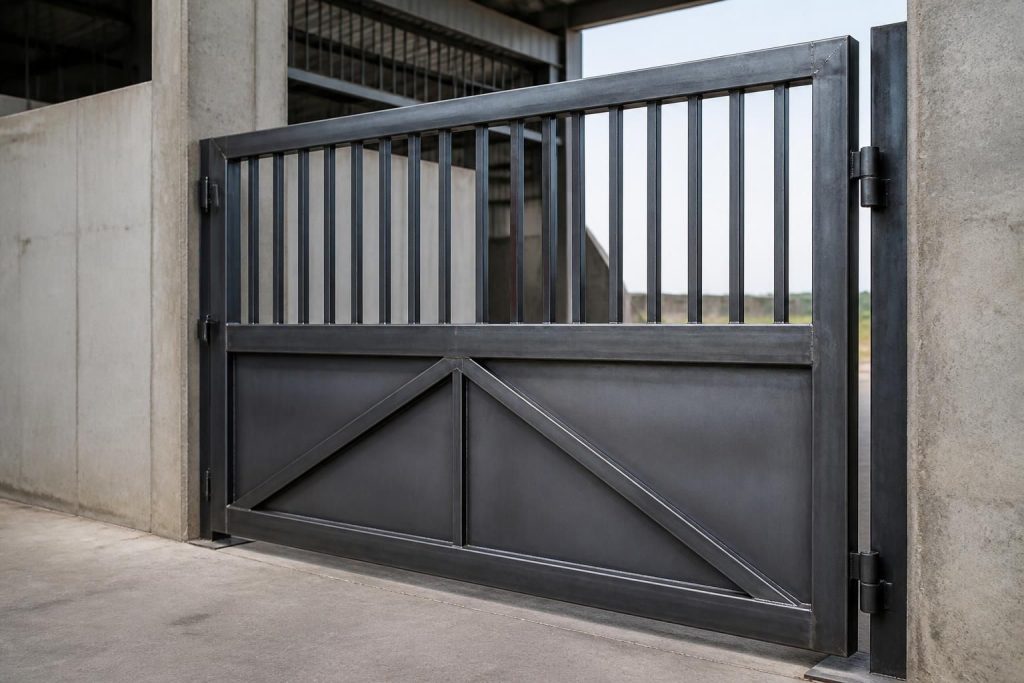 Finished welded steel gate in a bright industrial setting