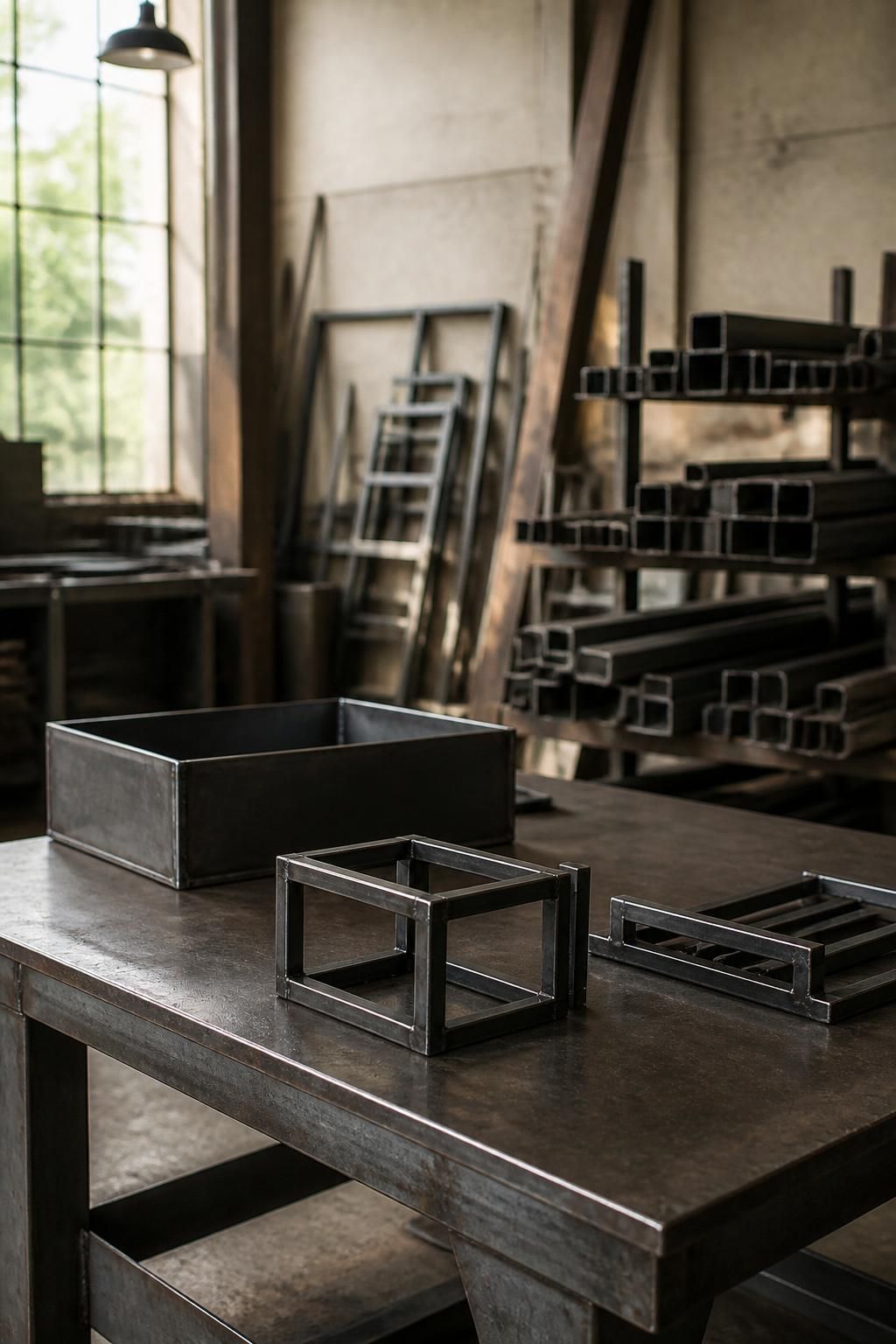 Neat welding workshop with finished metal projects